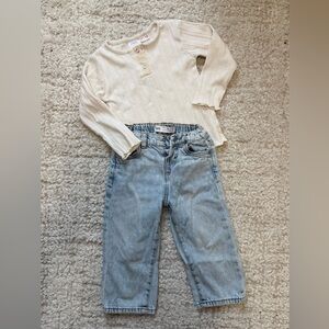 Zara Light Blue Straight Leg girls Jeans & cream long sleeves shirt